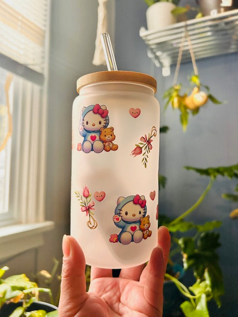 Limited Edition Hello Kitty as a Blue Bear  16 oz. Glass Cup Handcrafted with Love!