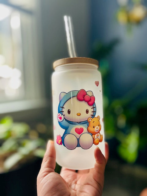 Limited Edition Hello Kitty as a Blue Bear  16 oz. Glass Cup Handcrafted with Love!