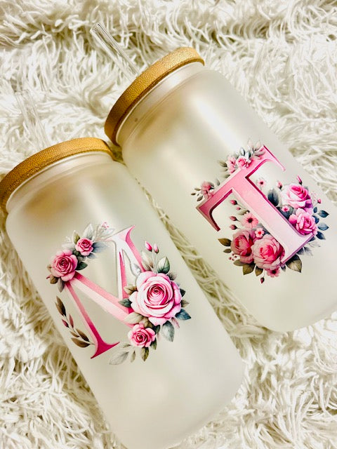 Pink Flower Personalized Frosted Glass Cups – 16oz Beer Can Style ✨