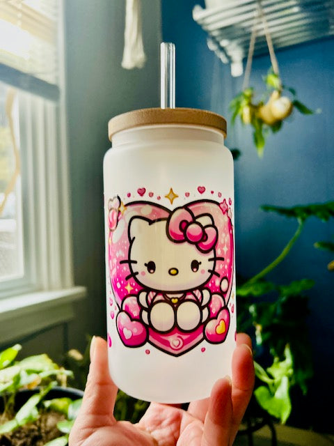 "Limited Edition 16oz Hello Kitty Glass Cup – Handcrafted with Love, Pink Heart Background!"